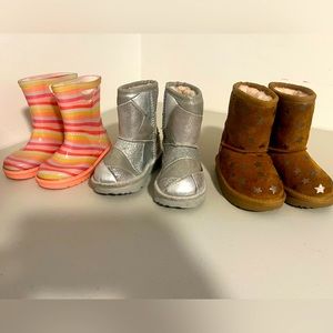 3 pair of uggs boots, tan size 6, silver size 6, rain boots size 7 (run smalls)